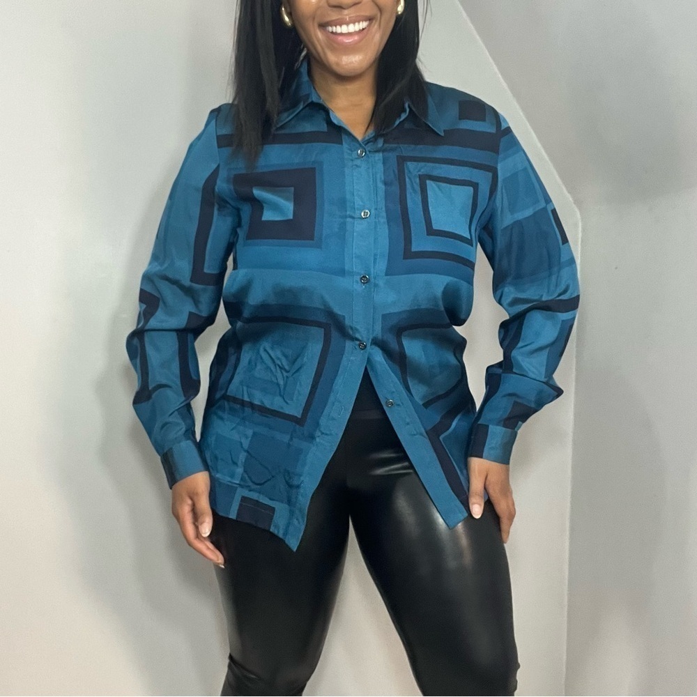 Vintage Doncaster Groovy Silk Blouse 70s Retro Career Business Blue Button Top - Picture 11 of 12
